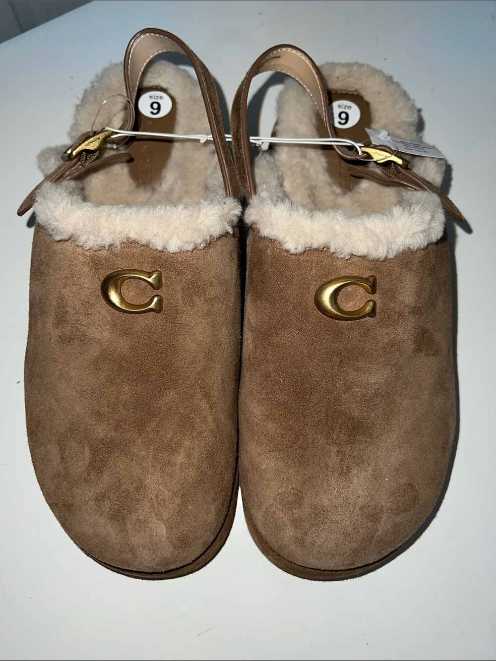 Coach Chestnut Suede Shearling-Trim Clog Mules - Picture 13 of 14